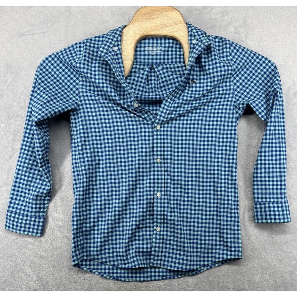 Vineyard Vines Peformance Shirt Blue Plaid Button Down Youth Boys Size M 12-14